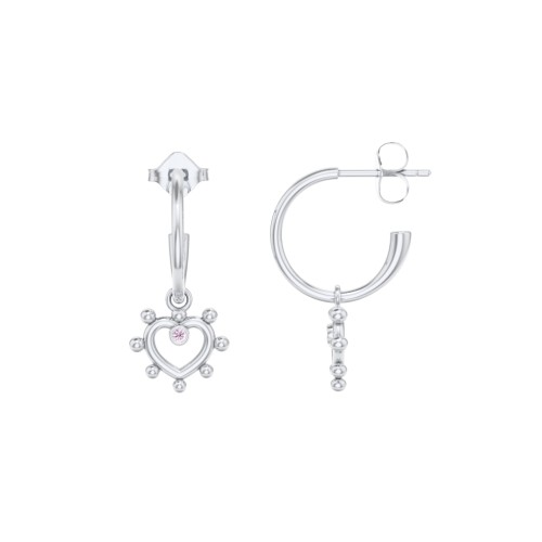 Small Open Hoop Earrings with Beaded Open Heart Charm and Accents – Sterling Silver with Pink Tourmaline