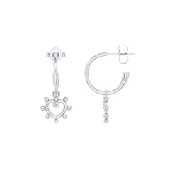 Small Open Hoop Earrings with Beaded Open Heart Charm and Accents – 10K Yellow Gold with Pink Tourmaline