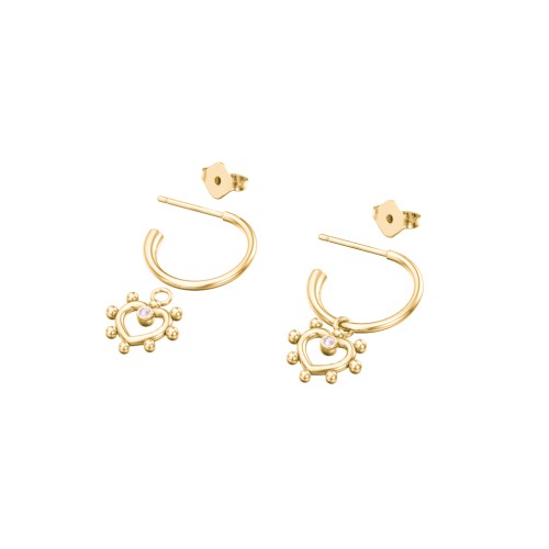 Small Open Hoop Earrings with Beaded Open Heart Charm and Accents – 10K Yellow Gold with Pink Tourmaline