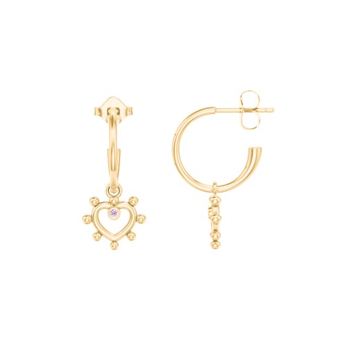 Small Open Hoop Earrings with Beaded Open Heart Charm and Accents – 10K Yellow Gold with Pink Tourmaline