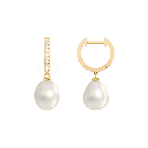 Freshwater Pearl Drop Huggie Earrings with Accents – 18K Gold Plated Silver
