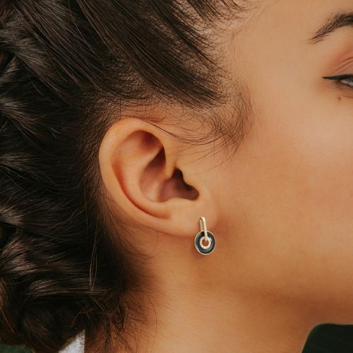 Pavé Drop Studs with Spinning Enamel Discs – 18K Gold Plated Silver