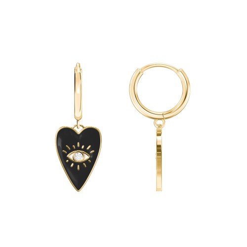 Evil Eye Heart Charm Huggie Earrings with Enamel and Accent – 18K Gold Plated Silver