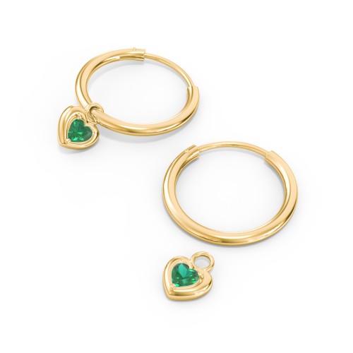 Medium Hoops with Removable Puffy Heart Birthstone Charms – with Emerald