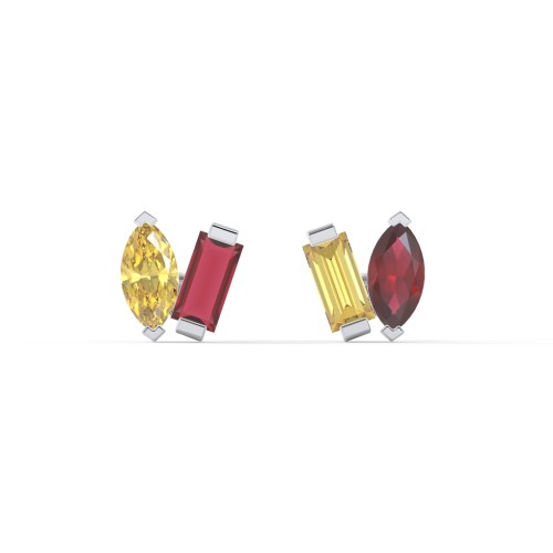 Toi et Moi Marquise and Baguette Gemstone Stud Earrings – Sterling Silver with Citrine and Garnet