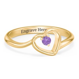 Heart Bypass Ring in 18K Gold Plated Silver with Amethyst and Cubic Zirconia