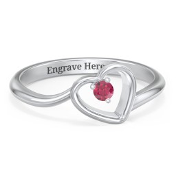 Heart Bypass Ring in 925 Sterling Silver with Ruby and Cubic Zirconia