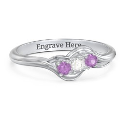 Three Stone Wave Ring in 10K Solid White Gold with Amethyst and Cubic Zirconia