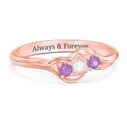 Three Stone Wave Ring in 10K Solid Rose Gold with Amethyst and Cubic Zirconia