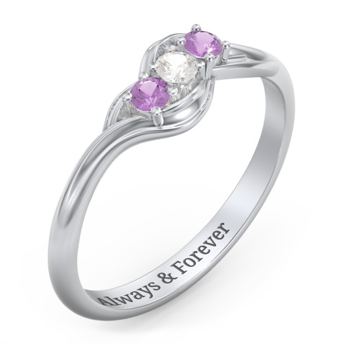 Three Stone Wave Ring – Sterling Silver with Amethyst and Cubic Zirconia
