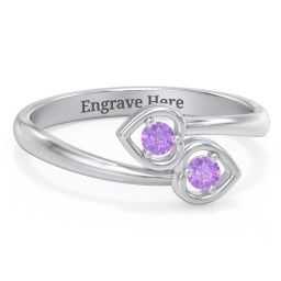 Double Heart Bypass Ring in 925 Sterling Silver with Amethyst