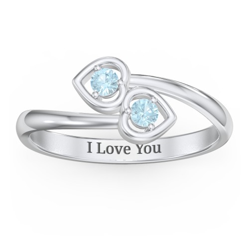 Double Heart Bypass Ring – Sterling Silver with Blue Topaz