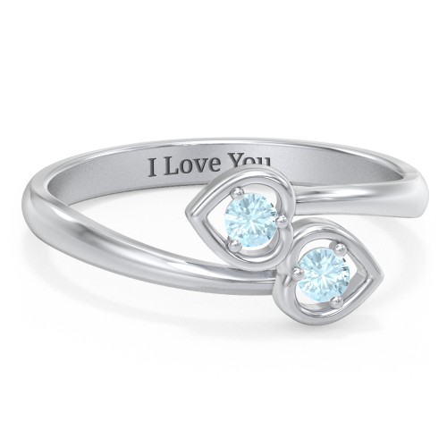 Double Heart Bypass Ring – Sterling Silver with Blue Topaz