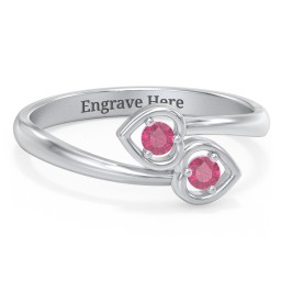 Double Heart Bypass Ring in 925 Sterling Silver with Ruby