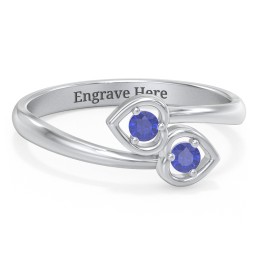 Double Heart Bypass Ring in 925 Sterling Silver with Blue Sapphire