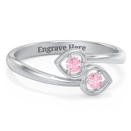 Double Heart Bypass Ring in 925 Sterling Silver with Pink Tourmaline
