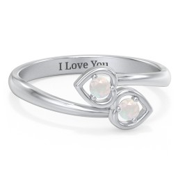 Double Heart Bypass Ring in 925 Sterling Silver with Opal