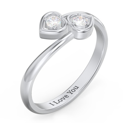 Double Heart Bypass Ring – Sterling Silver with Diamond