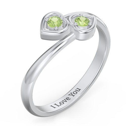 Double Heart Bypass Ring – Sterling Silver with Peridot