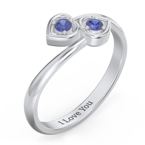 Double Heart Bypass Ring – Sterling Silver with Blue Sapphire