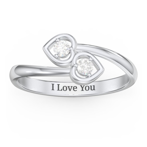 Double Heart Bypass Ring – Sterling Silver with Diamond