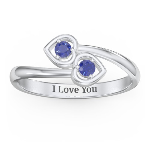 Double Heart Bypass Ring – Sterling Silver with Blue Sapphire