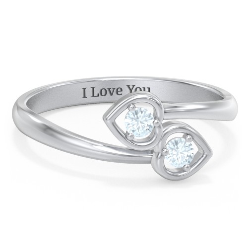Double Heart Bypass Ring – Sterling Silver with Aquamarine