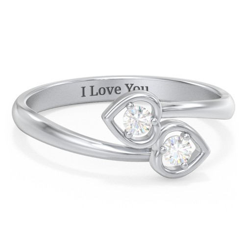 Double Heart Bypass Ring – Sterling Silver with Diamond