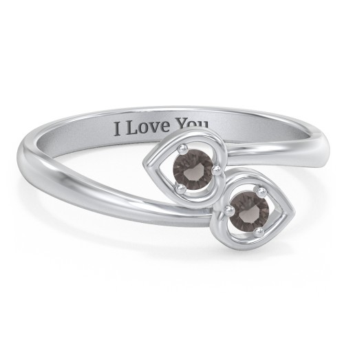Double Heart Bypass Ring – Sterling Silver with Smokey Quartz