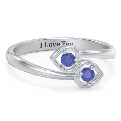 Double Heart Bypass Ring – Sterling Silver with Blue Sapphire