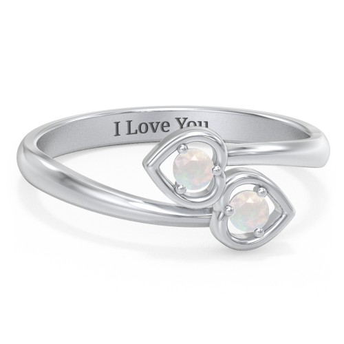 Double Heart Bypass Ring – Sterling Silver with Opal