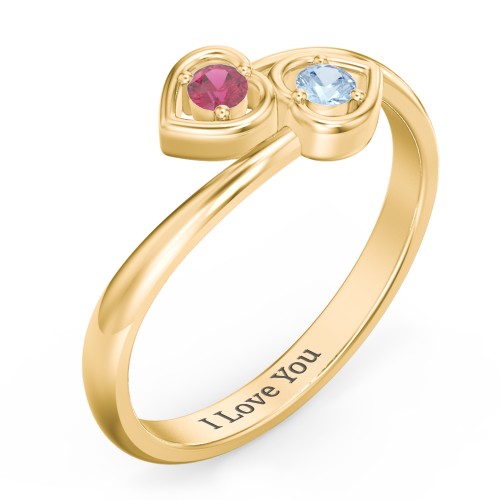 Double Heart Bypass Ring – 10K Yellow Gold with Ruby and Blue Topaz