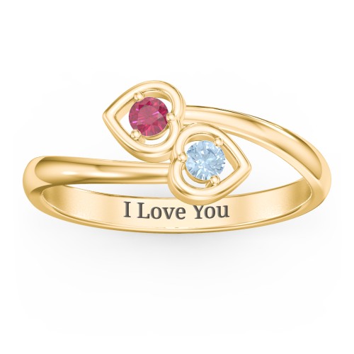Double Heart Bypass Ring – 10K Yellow Gold with Ruby and Blue Topaz