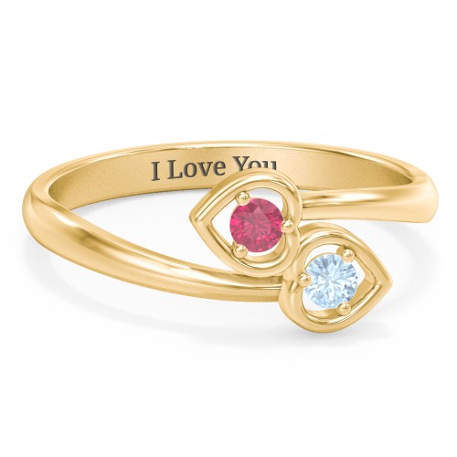 Double Heart Bypass Ring – 10K Yellow Gold with Ruby and Blue Topaz