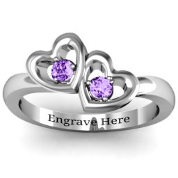 Twin Hearts Ring in 925 Sterling Silver with Amethyst