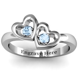 Twin Hearts Ring in 925 Sterling Silver with Aquamarine