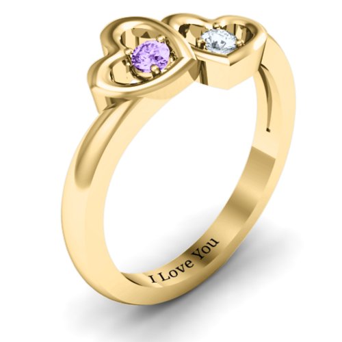 Twin Hearts Ring – 10K Yellow Gold with Amethyst and Cubic Zirconia