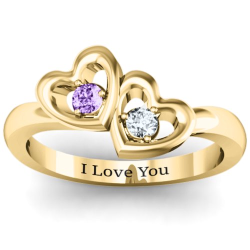 Twin Hearts Ring – 10K Yellow Gold with Amethyst and Cubic Zirconia