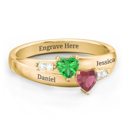 Double Heart Gemstone Ring with Accents in 10K Solid Yellow Gold with Emerald and Ruby
