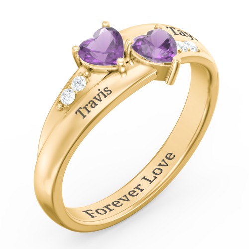 Double Heart Gemstone Ring with Accents – 10K Yellow Gold with Amethyst and Cubic Zirconia