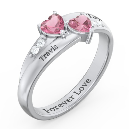 Double Heart Gemstone Ring with Accents – Sterling Silver with Pink Tourmaline and Cubic Zirconia