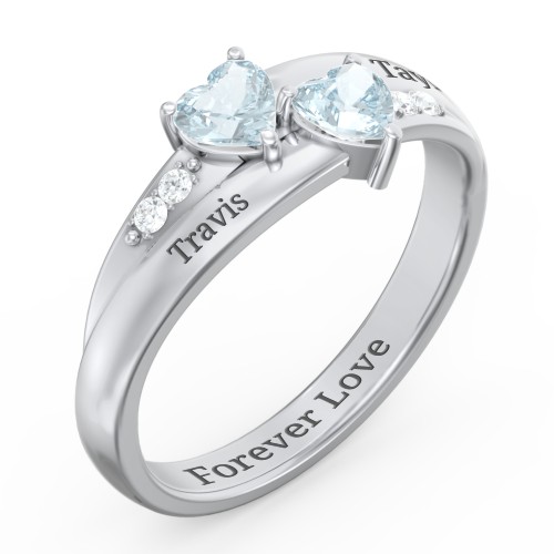 Double Heart Gemstone Ring with Accents – Sterling Silver with Aquamarine and Cubic Zirconia