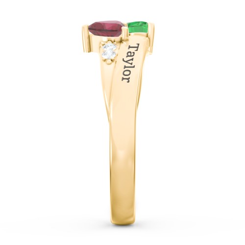 Double Heart Gemstone Ring with Accents – 10K Yellow Gold with Emerald, Ruby, and Cubic Zirconia