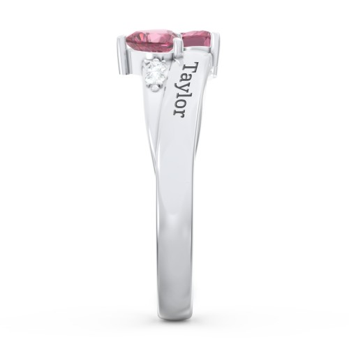 Double Heart Gemstone Ring with Accents – Sterling Silver with Pink Tourmaline and Cubic Zirconia