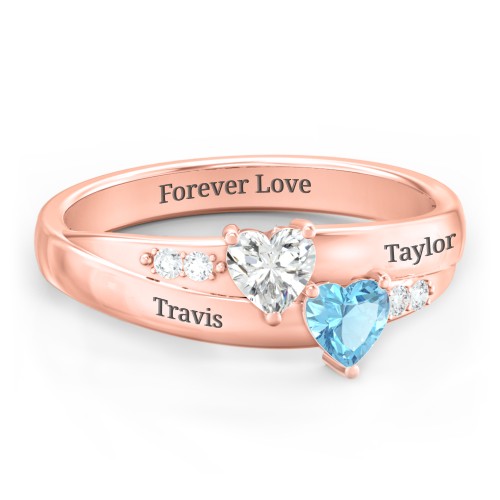 Double Heart Gemstone Ring with Accents – 10K Rose Gold with Cubic Zirconia and Blue Topaz