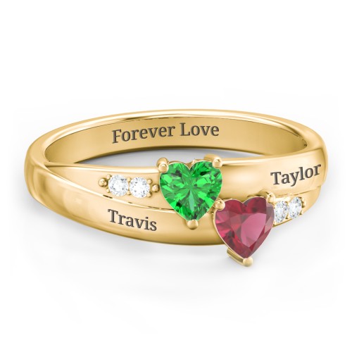 Double Heart Gemstone Ring with Accents – 10K Yellow Gold with Emerald, Ruby, and Cubic Zirconia