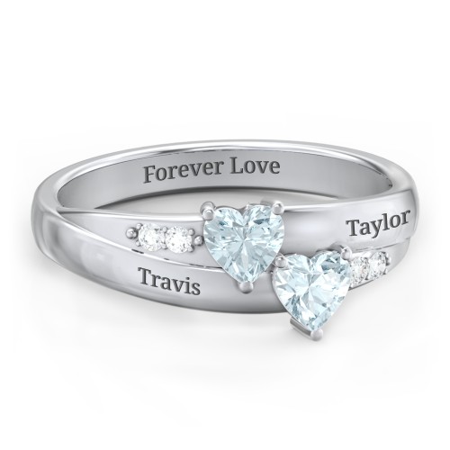 Double Heart Gemstone Ring with Accents – Sterling Silver with Aquamarine and Cubic Zirconia