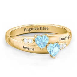 Double Heart Gemstone Ring with Accents in 18K Gold Plated Silver with Blue Topaz