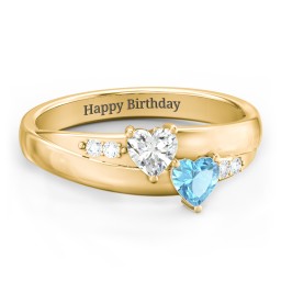 Double Heart Gemstone Ring with Accents in 18K Gold Plated Silver with Cubic Zirconia and Blue Topaz