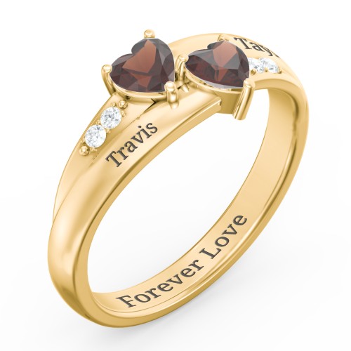 Double Heart Gemstone Ring with Accents – 18K Gold Plated Silver with Garnet and Cubic Zirconia